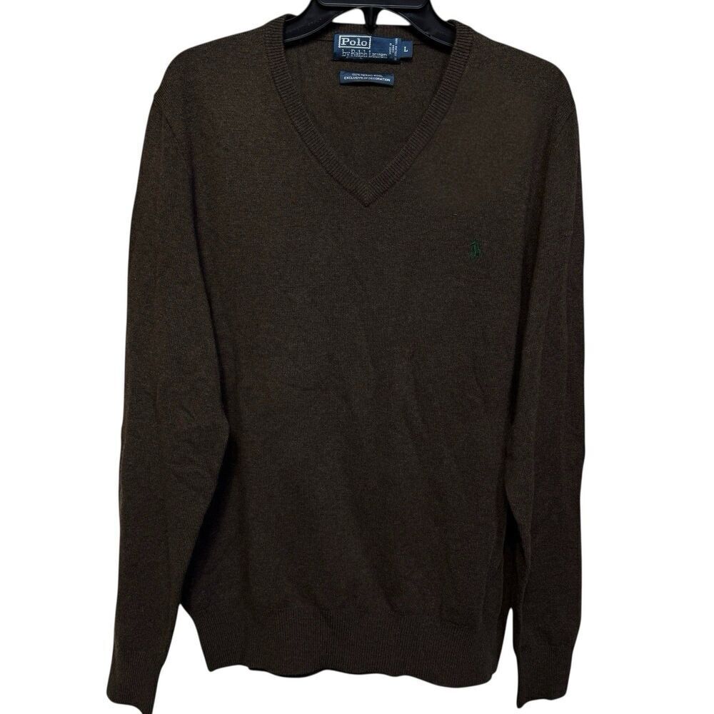 Polo Ralph Lauren Mens Large Merino Wool V-Neck Sweater Brown Preppy Green Pony